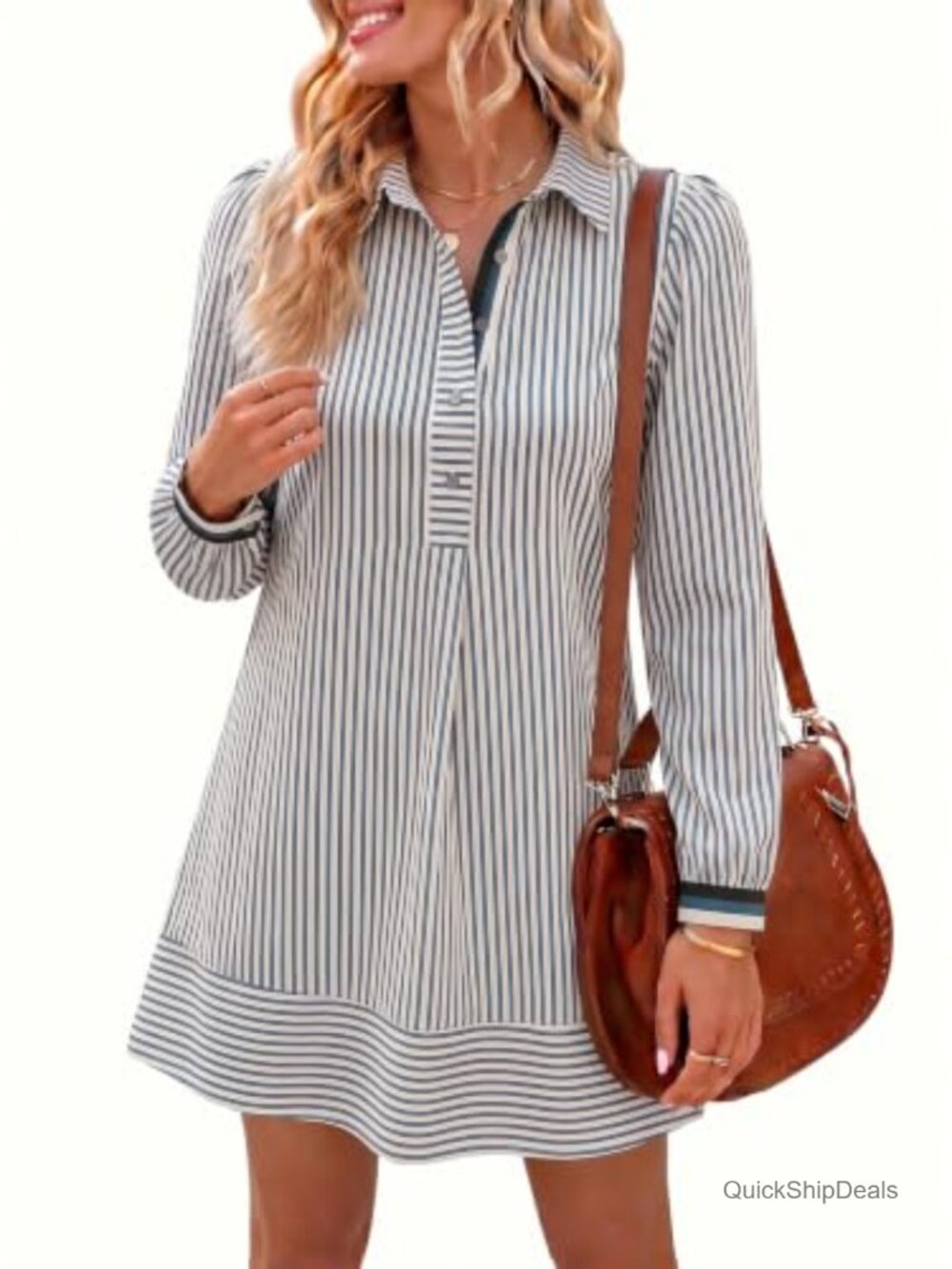 Striped Button Down Mini Dress with Pockets Long Sleeve Collared Shirt Dress